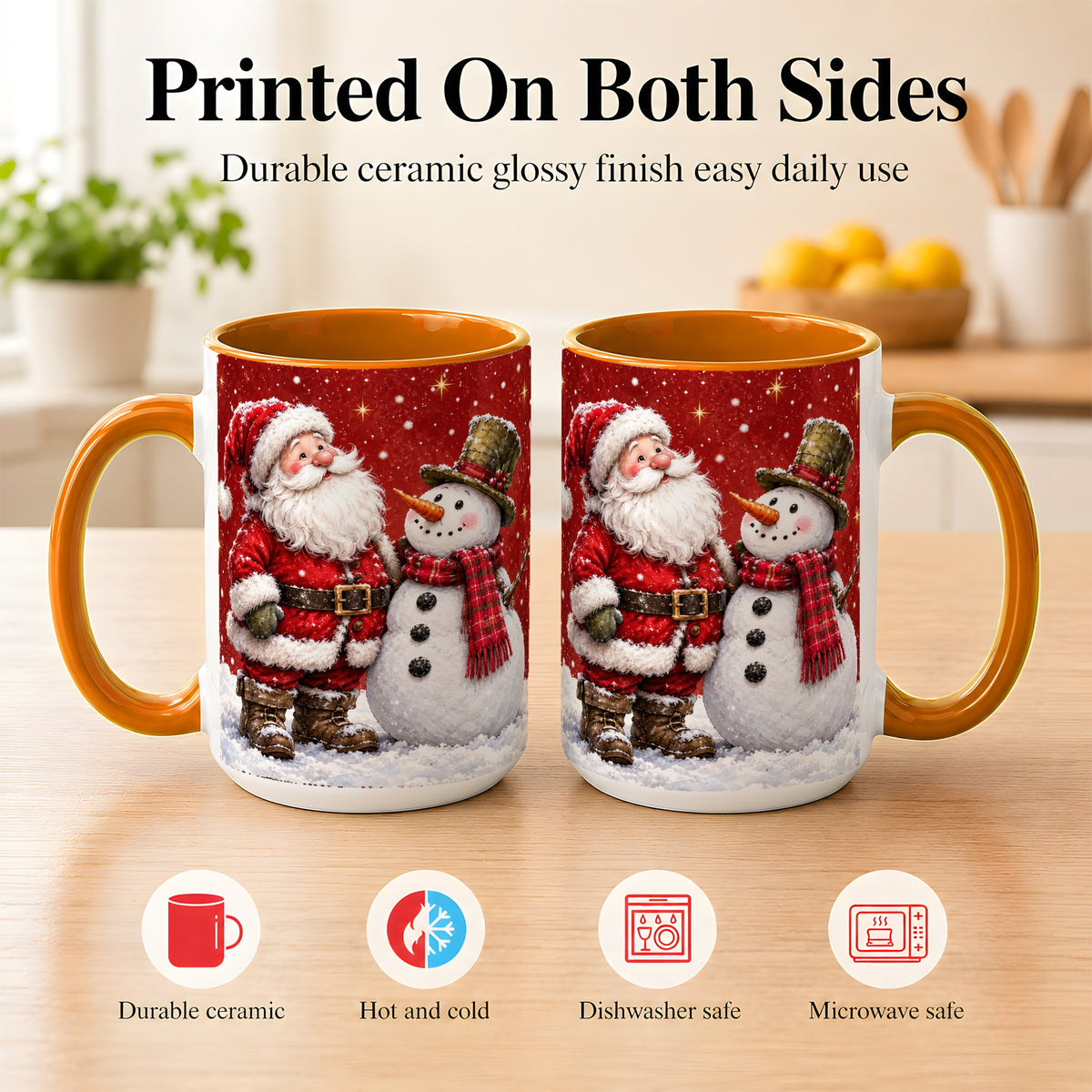 #pl[15oz|Orange] Snowy Santa Snowman Coffee Mug, Christmas Mug, Ceramic Cup