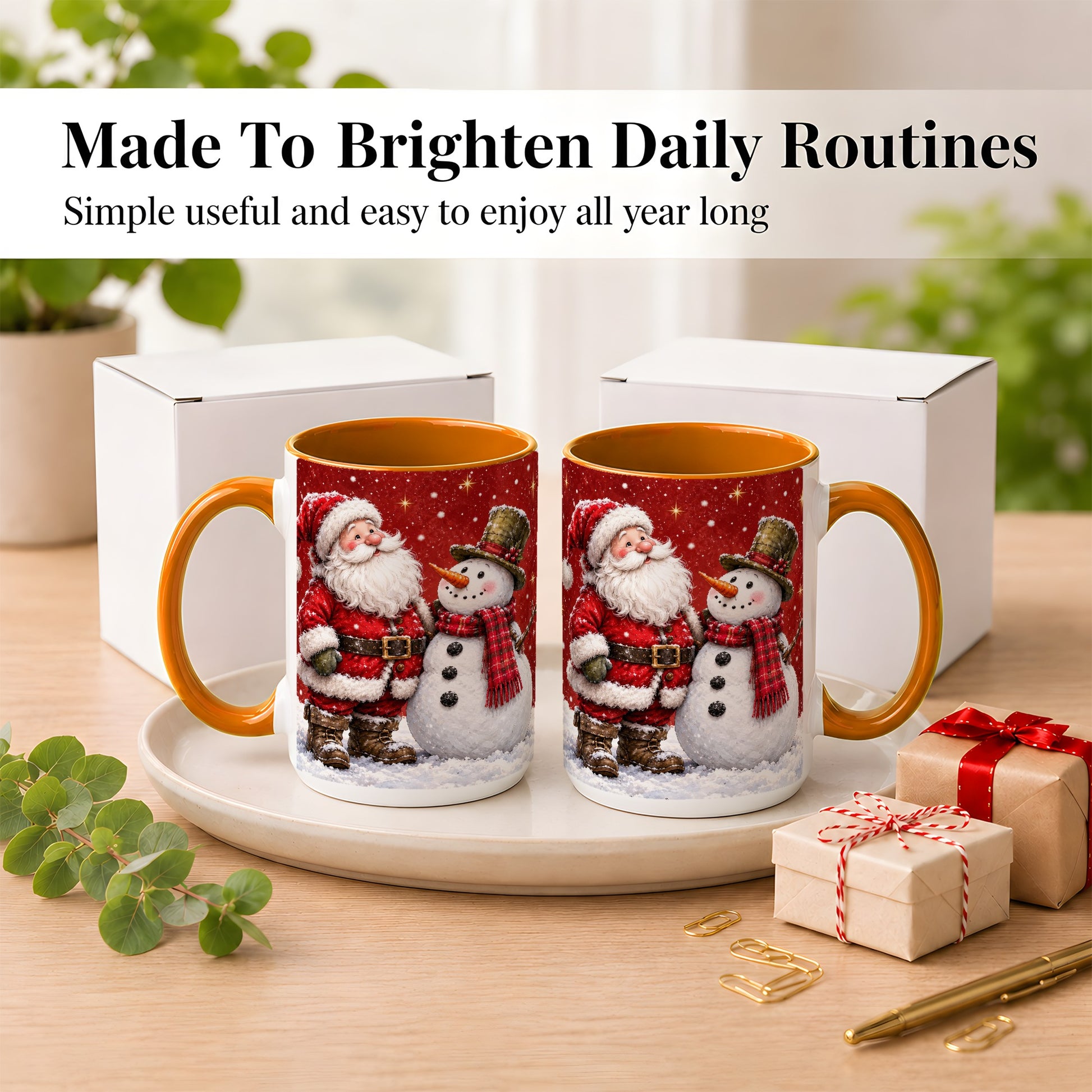 #pl[15oz|Orange] Snowy Santa Snowman Coffee Mug, Christmas Mug, Ceramic Cup