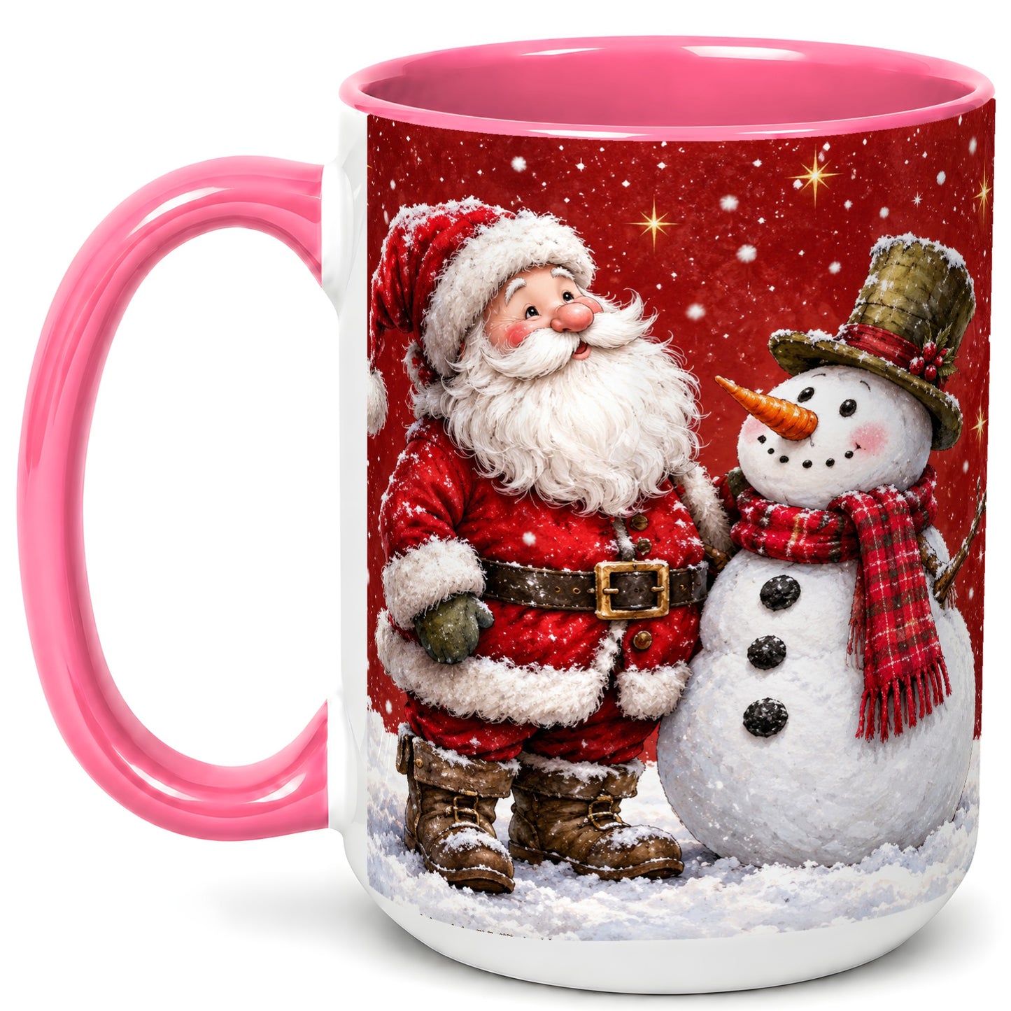 #pl[15oz|Pink] Snowy Santa Snowman Coffee Mug, Christmas Mug, Ceramic Cup