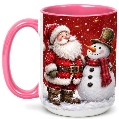 #pl[15oz|Pink] Snowy Santa Snowman Coffee Mug, Christmas Mug, Ceramic Cup