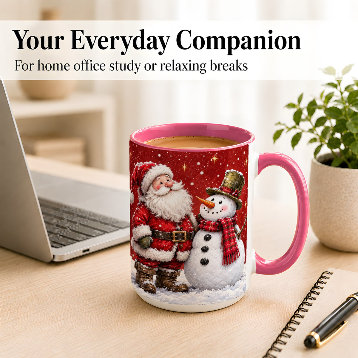#pl[15oz|Pink] Snowy Santa Snowman Coffee Mug, Christmas Mug, Ceramic Cup