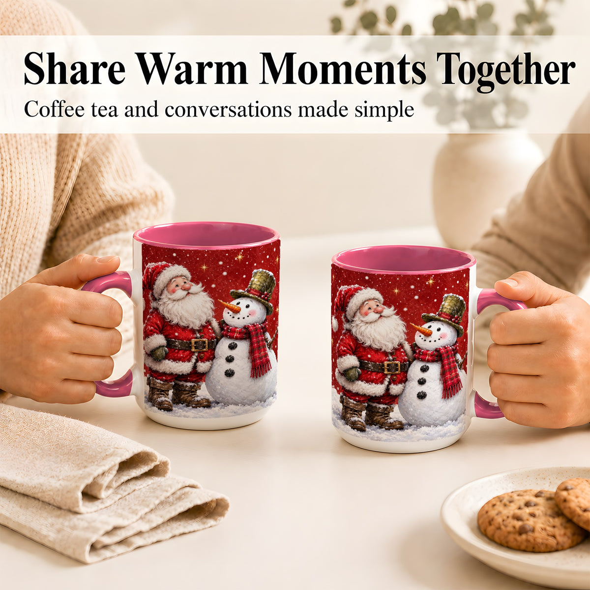 #pl[15oz|Pink] Snowy Santa Snowman Coffee Mug, Christmas Mug, Ceramic Cup