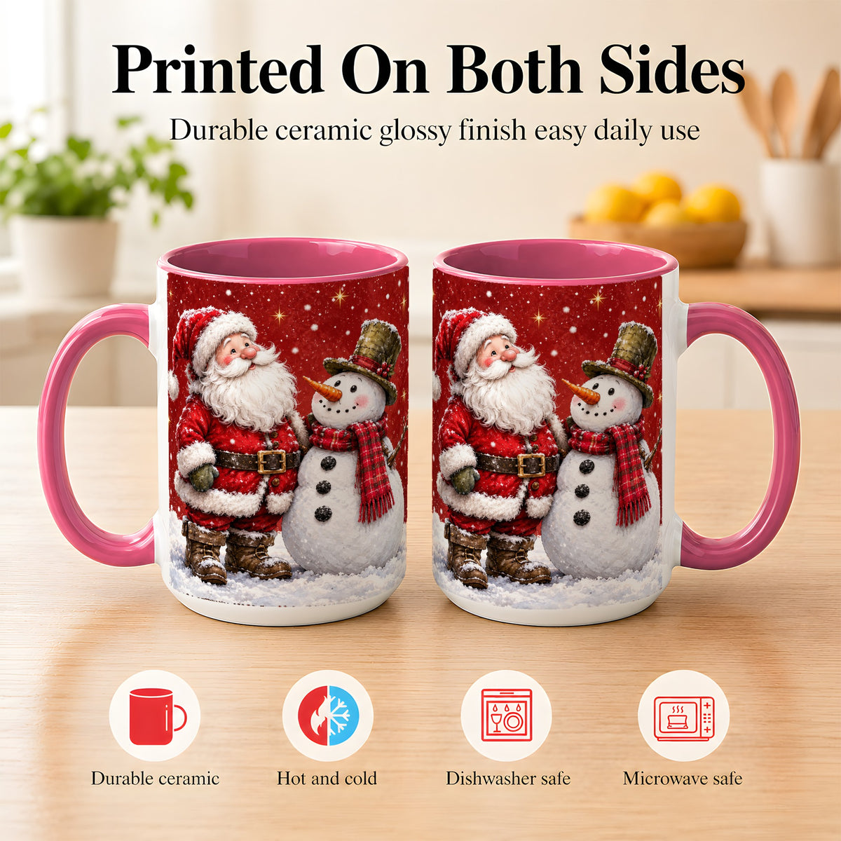 #pl[15oz|Pink] Snowy Santa Snowman Coffee Mug, Christmas Mug, Ceramic Cup