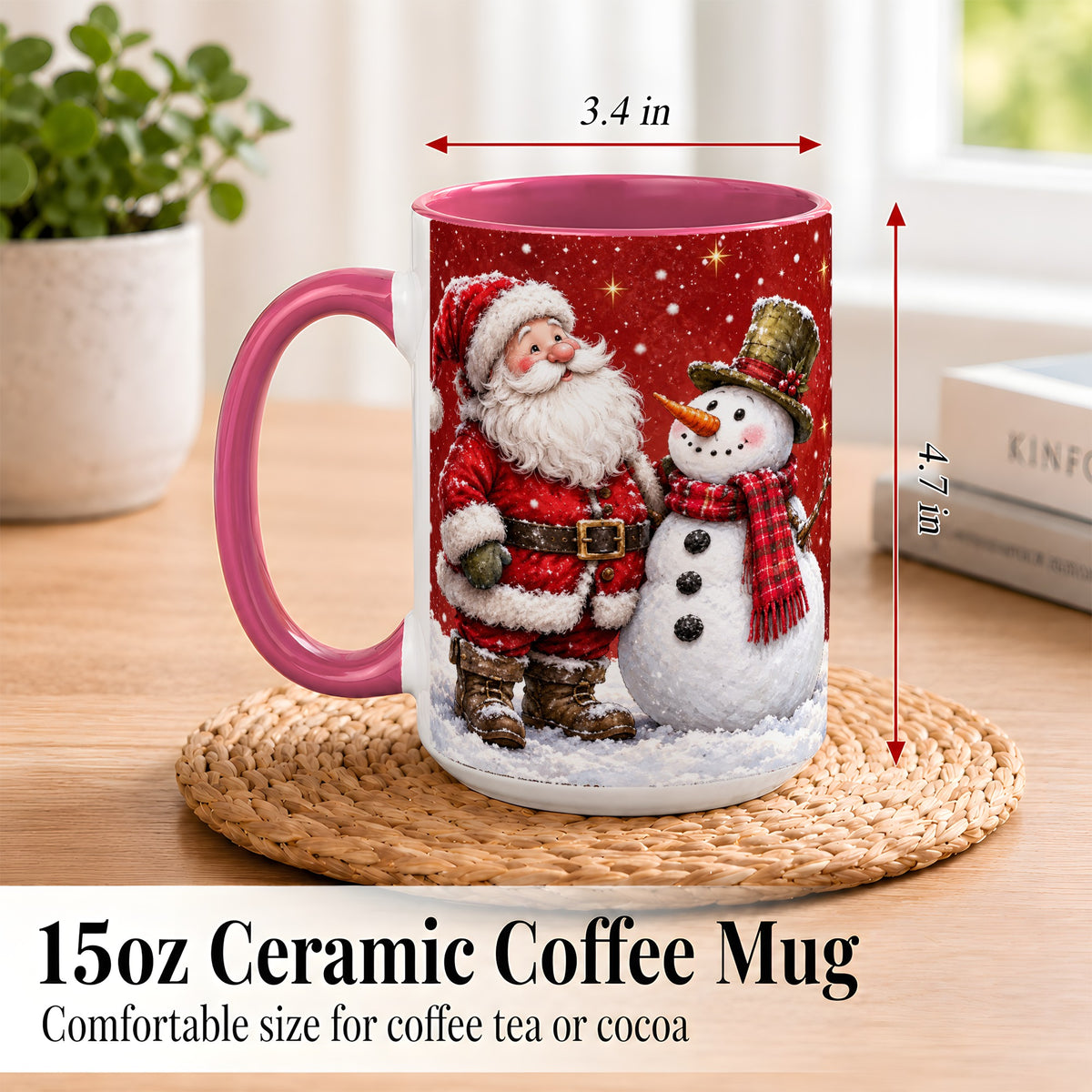 #pl[15oz|Pink] Snowy Santa Snowman Coffee Mug, Christmas Mug, Ceramic Cup