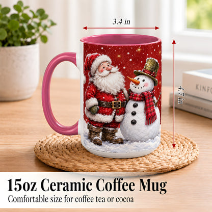 #pl[15oz|Pink] Snowy Santa Snowman Coffee Mug, Christmas Mug, Ceramic Cup