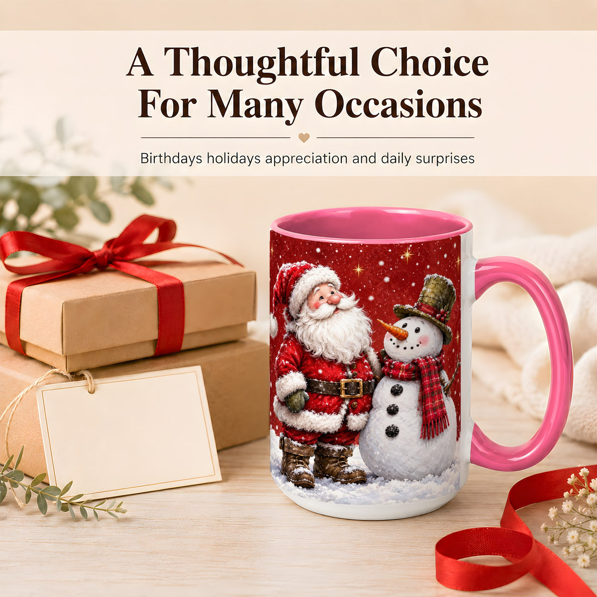 #pl[15oz|Pink] Snowy Santa Snowman Coffee Mug, Christmas Mug, Ceramic Cup