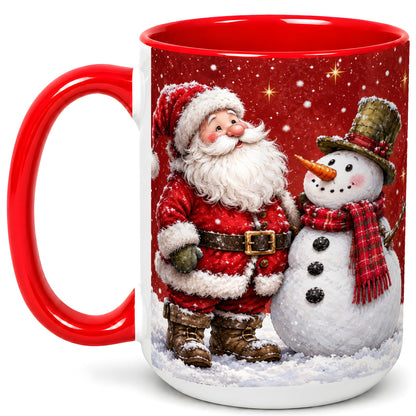 #pl[15oz|Red] Snowy Santa Snowman Coffee Mug, Christmas Mug, Ceramic Cup