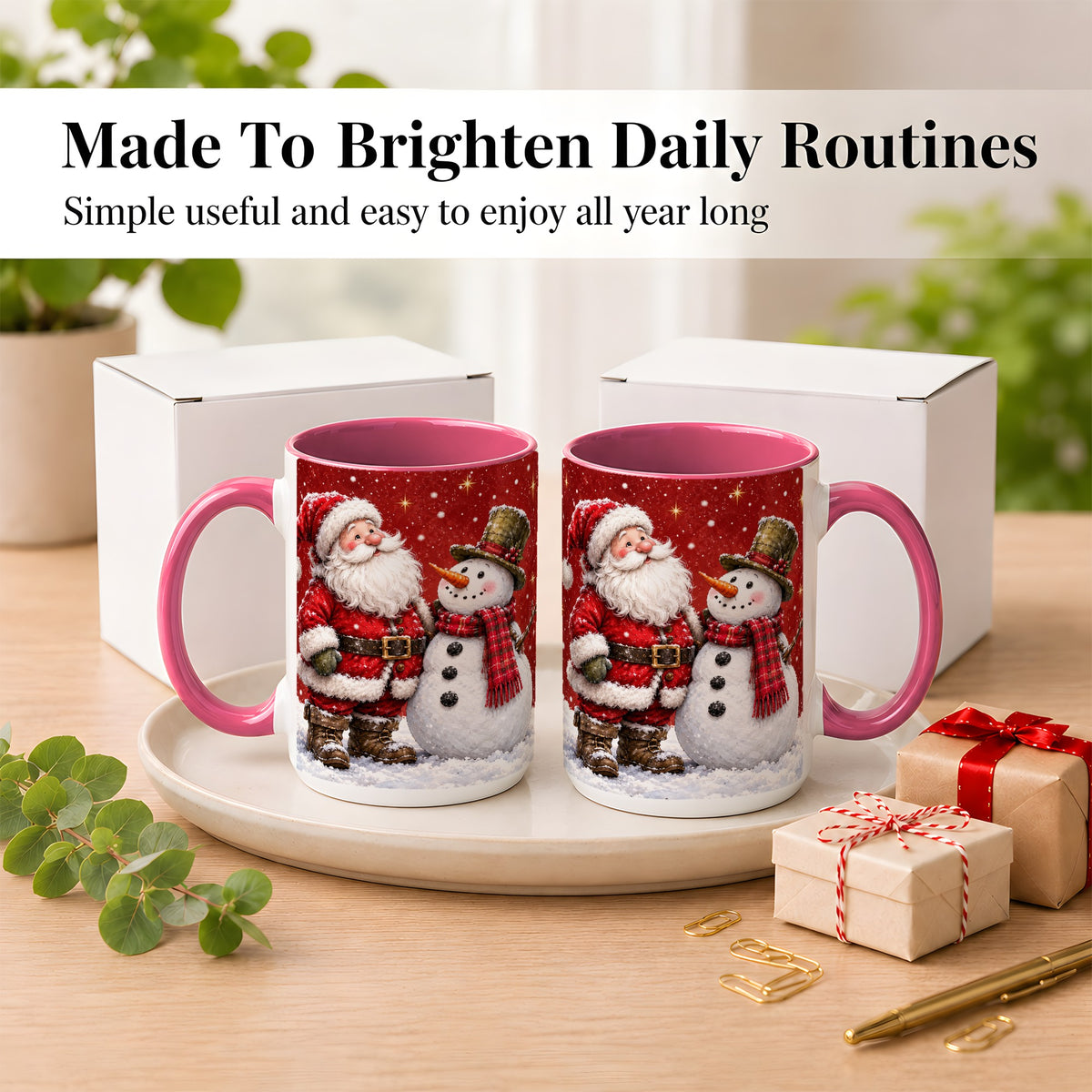 #pl[15oz|Pink] Snowy Santa Snowman Coffee Mug, Christmas Mug, Ceramic Cup