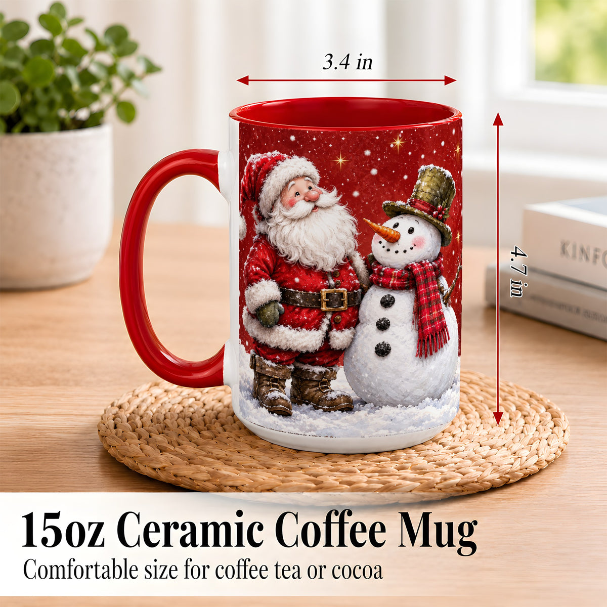 #pl[15oz|Red] Snowy Santa Snowman Coffee Mug, Christmas Mug, Ceramic Cup