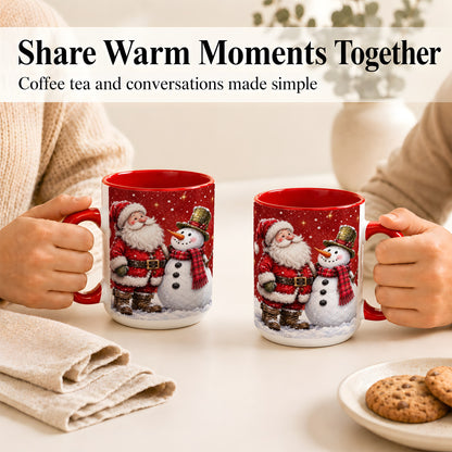 #pl[15oz|Red] Snowy Santa Snowman Coffee Mug, Christmas Mug, Ceramic Cup