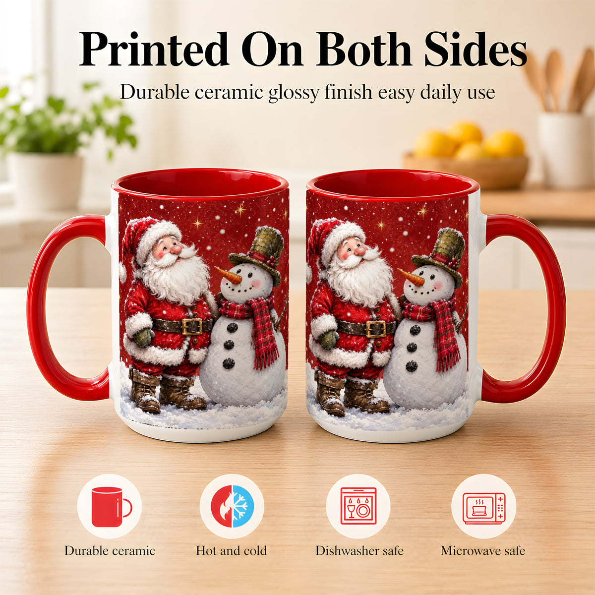 #pl[15oz|Red] Snowy Santa Snowman Coffee Mug, Christmas Mug, Ceramic Cup