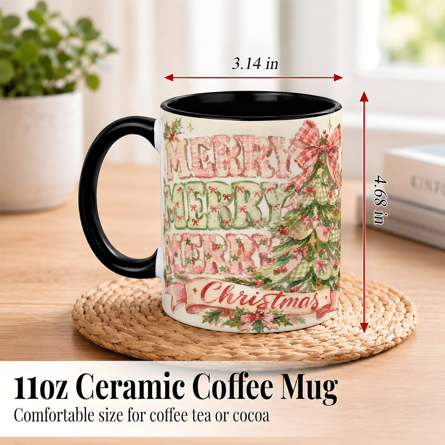 #pl[11oz|Black] Pink Gingham Christmas Tree Coffee Mug, Holiday Mug, Ceramic Cup