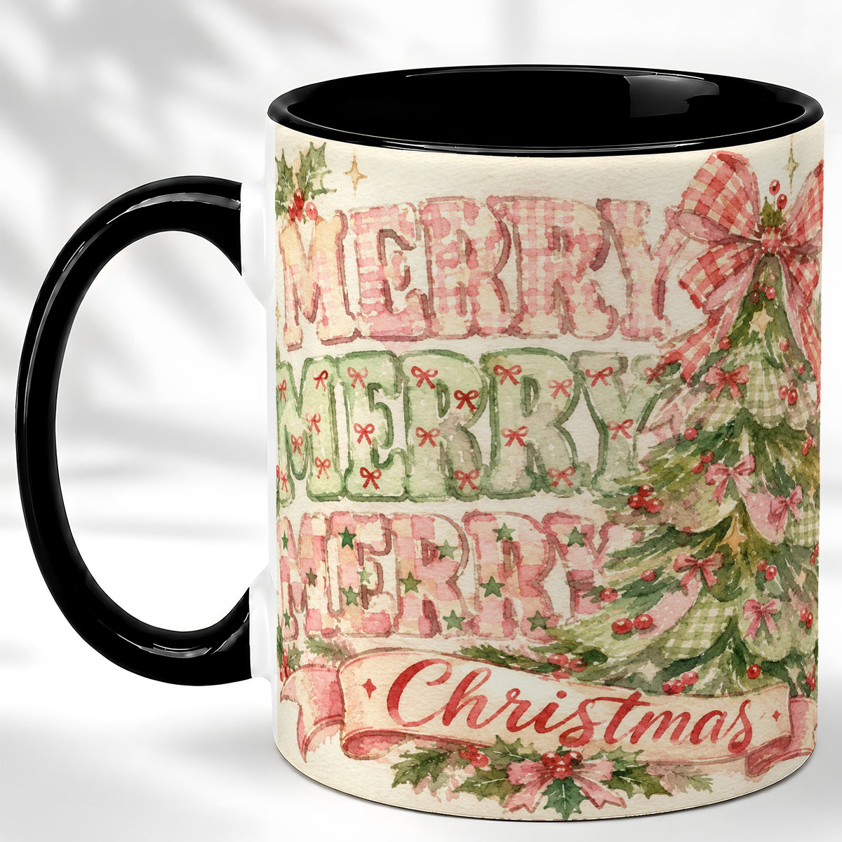 #pl[11oz|Black] Pink Gingham Christmas Tree Coffee Mug, Holiday Mug, Ceramic Cup