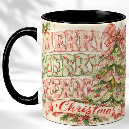 #pl[11oz|Black] Pink Gingham Christmas Tree Coffee Mug, Holiday Mug, Ceramic Cup