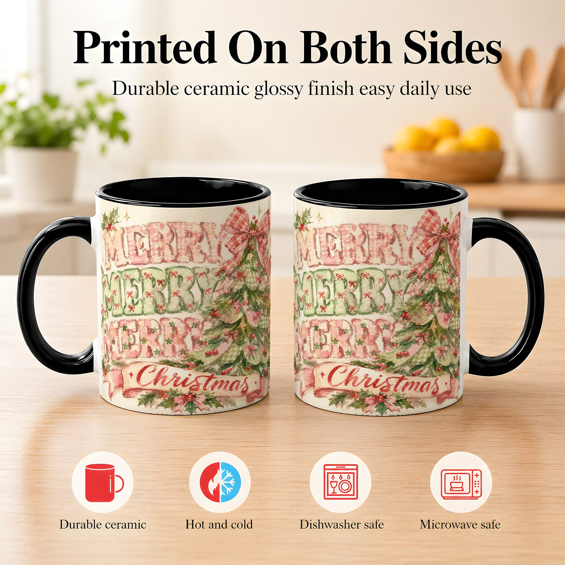 #pl[11oz|Black] Pink Gingham Christmas Tree Coffee Mug, Holiday Mug, Ceramic Cup
