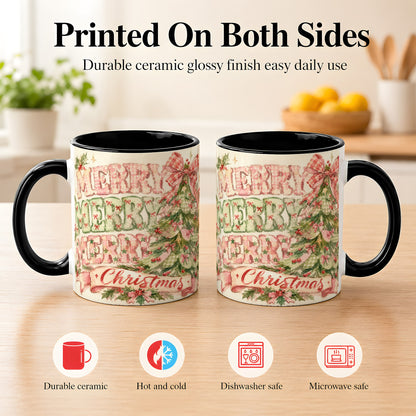 #pl[11oz|Black] Pink Gingham Christmas Tree Coffee Mug, Holiday Mug, Ceramic Cup