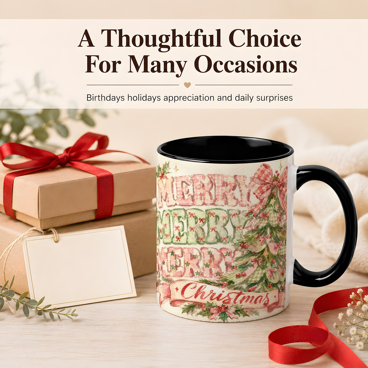 #pl[11oz|Black] Pink Gingham Christmas Tree Coffee Mug, Holiday Mug, Ceramic Cup