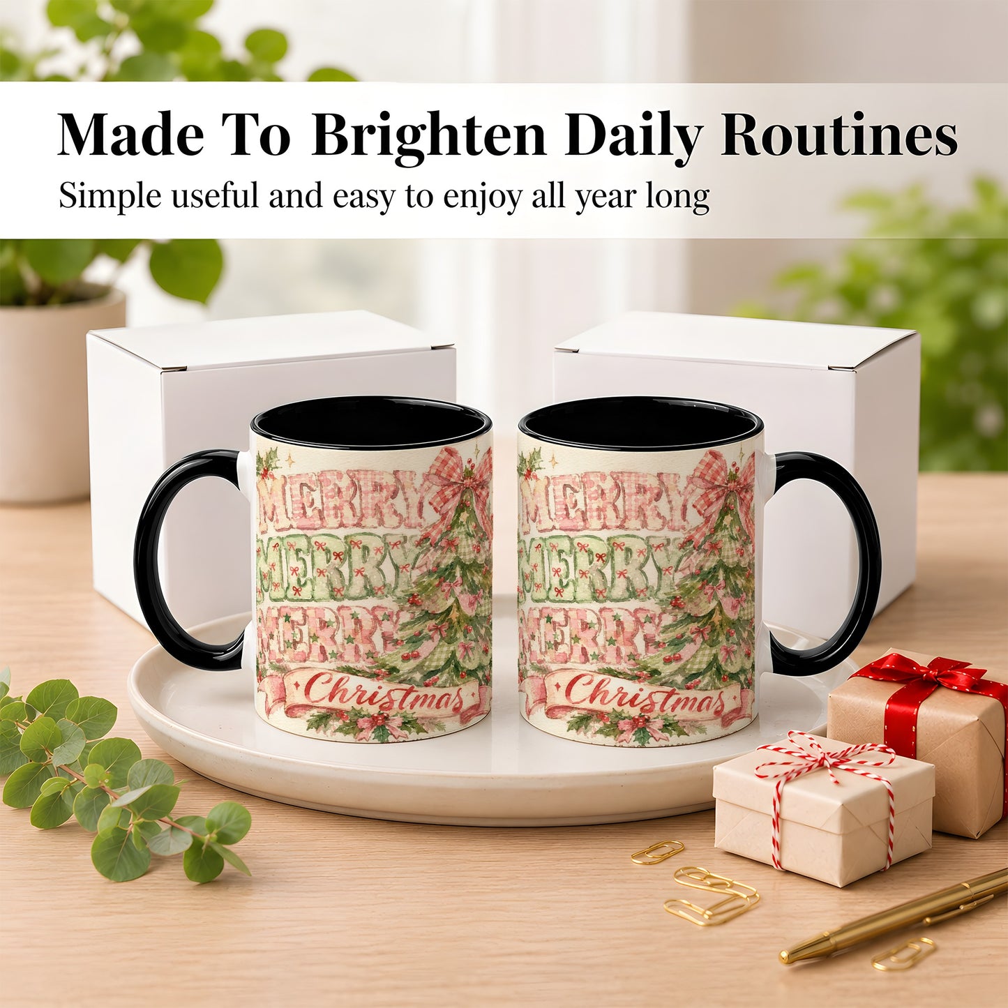 #pl[11oz|Black] Pink Gingham Christmas Tree Coffee Mug, Holiday Mug, Ceramic Cup