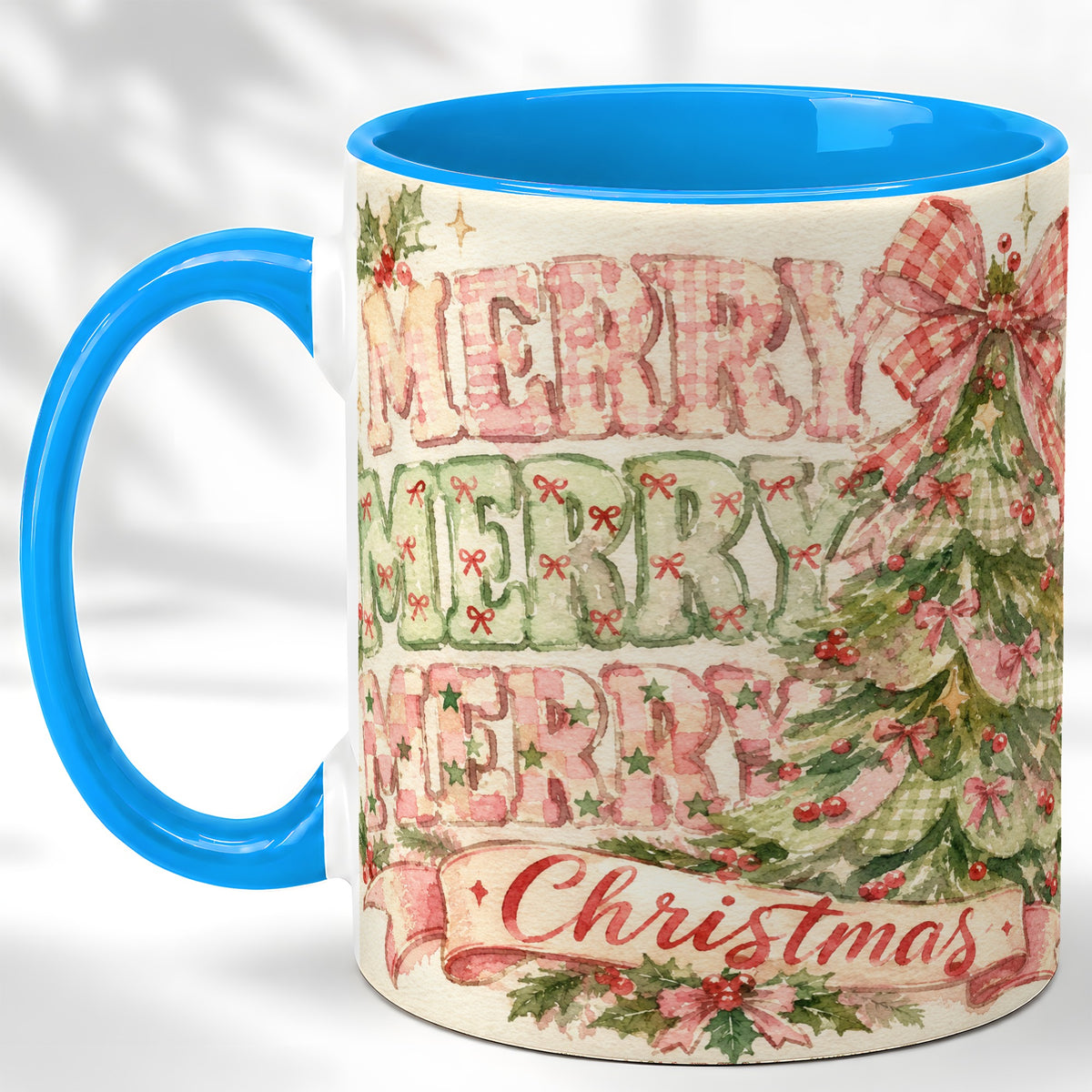 #pl[11oz|Blue] Pink Gingham Christmas Tree Coffee Mug, Holiday Mug, Ceramic Cup