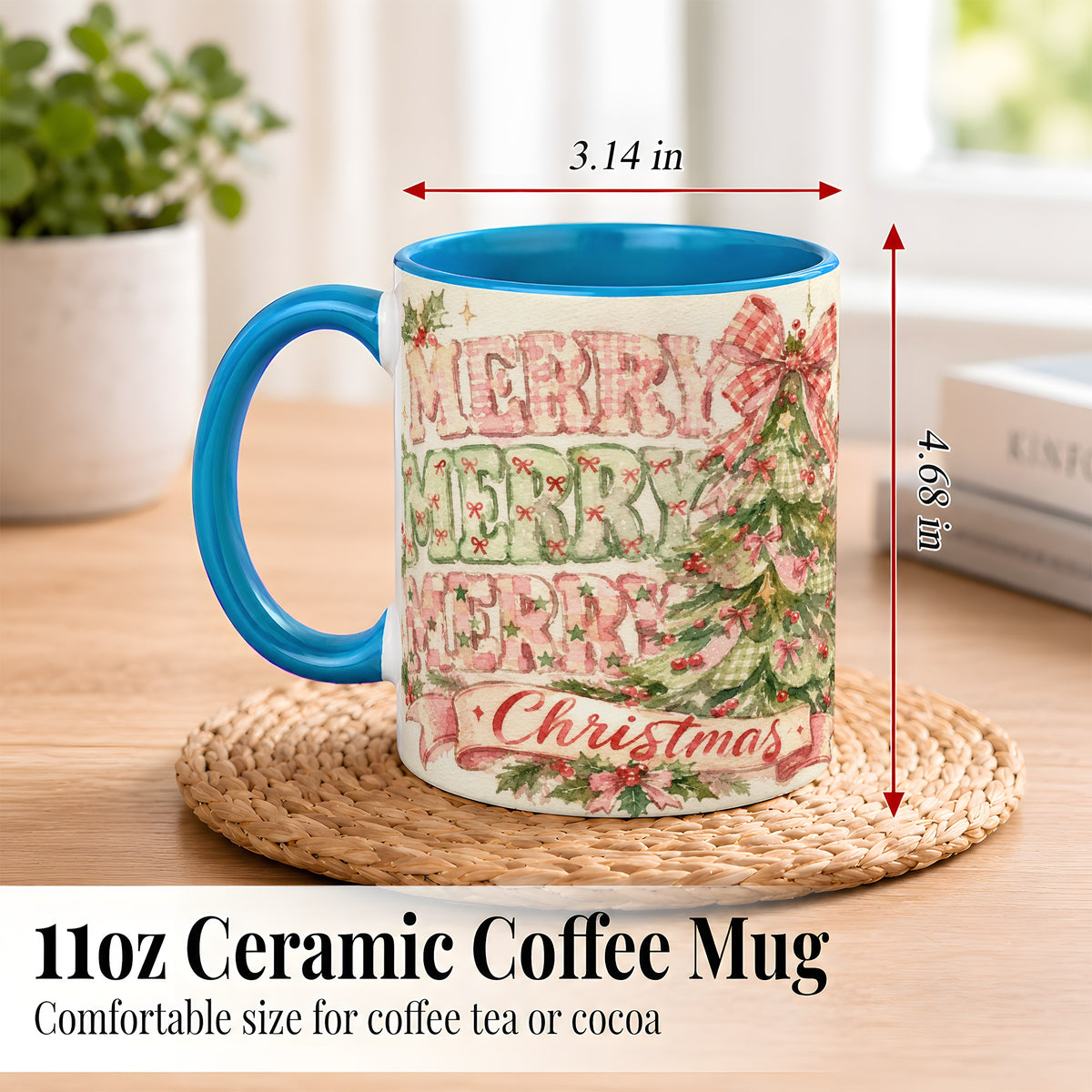 #pl[11oz|Blue] Pink Gingham Christmas Tree Coffee Mug, Holiday Mug, Ceramic Cup
