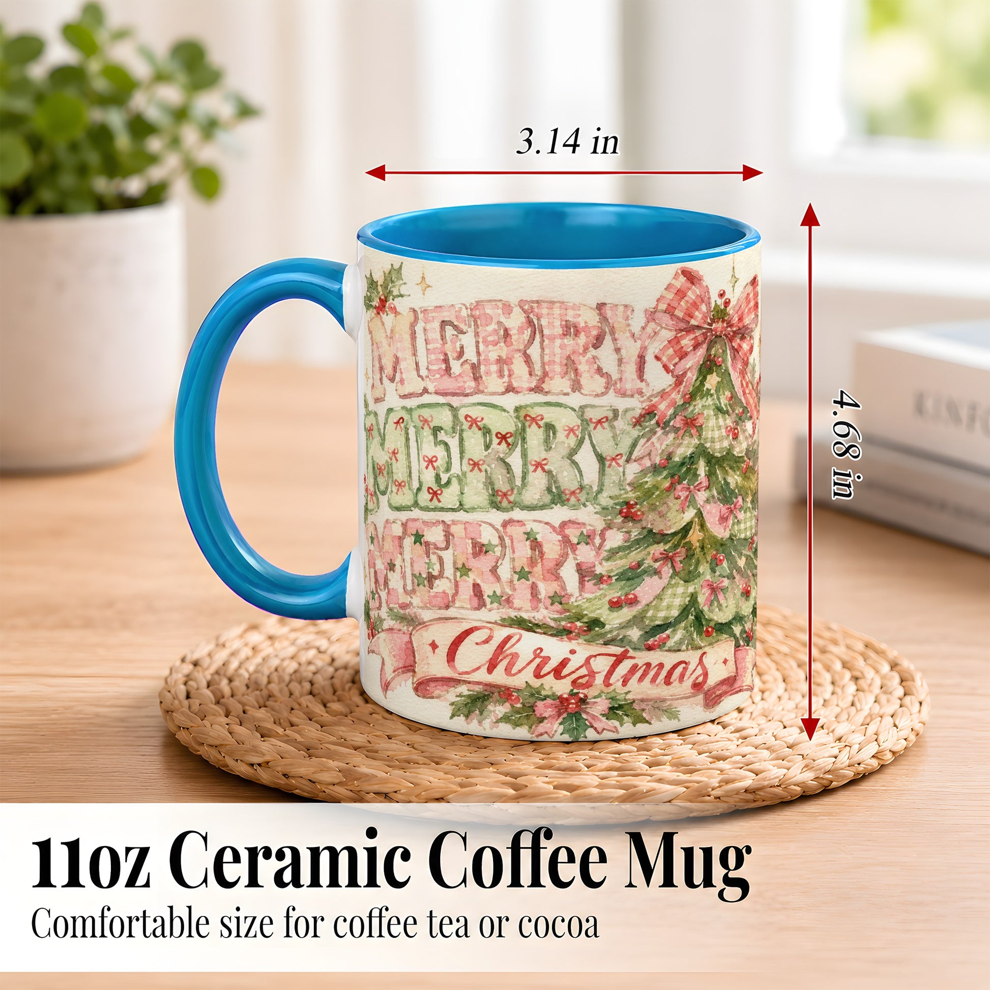 #pl[11oz|Blue] Pink Gingham Christmas Tree Coffee Mug, Holiday Mug, Ceramic Cup