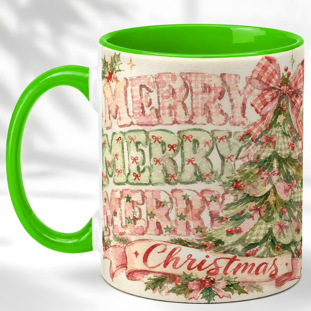 #pl[11oz|Green] Pink Gingham Christmas Tree Coffee Mug, Holiday Mug, Ceramic Cup