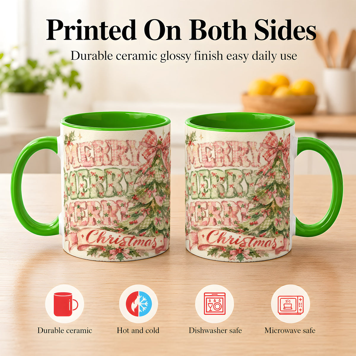 #pl[11oz|Green] Pink Gingham Christmas Tree Coffee Mug, Holiday Mug, Ceramic Cup