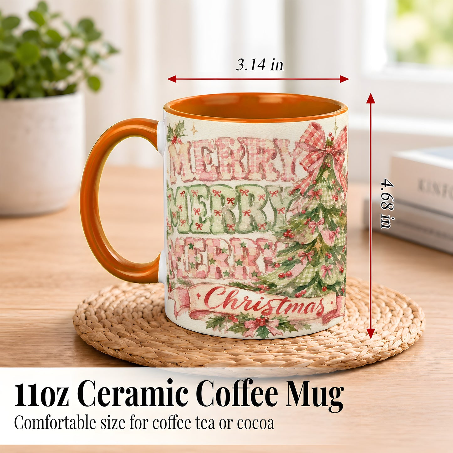 #pl[11oz|Orange] Pink Gingham Christmas Tree Coffee Mug, Holiday Mug, Ceramic Cup