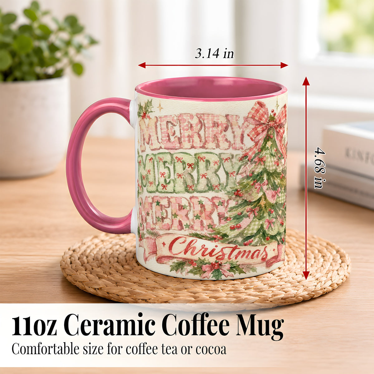 #pl[11oz|Pink] Pink Gingham Christmas Tree Coffee Mug, Holiday Mug, Ceramic Cup