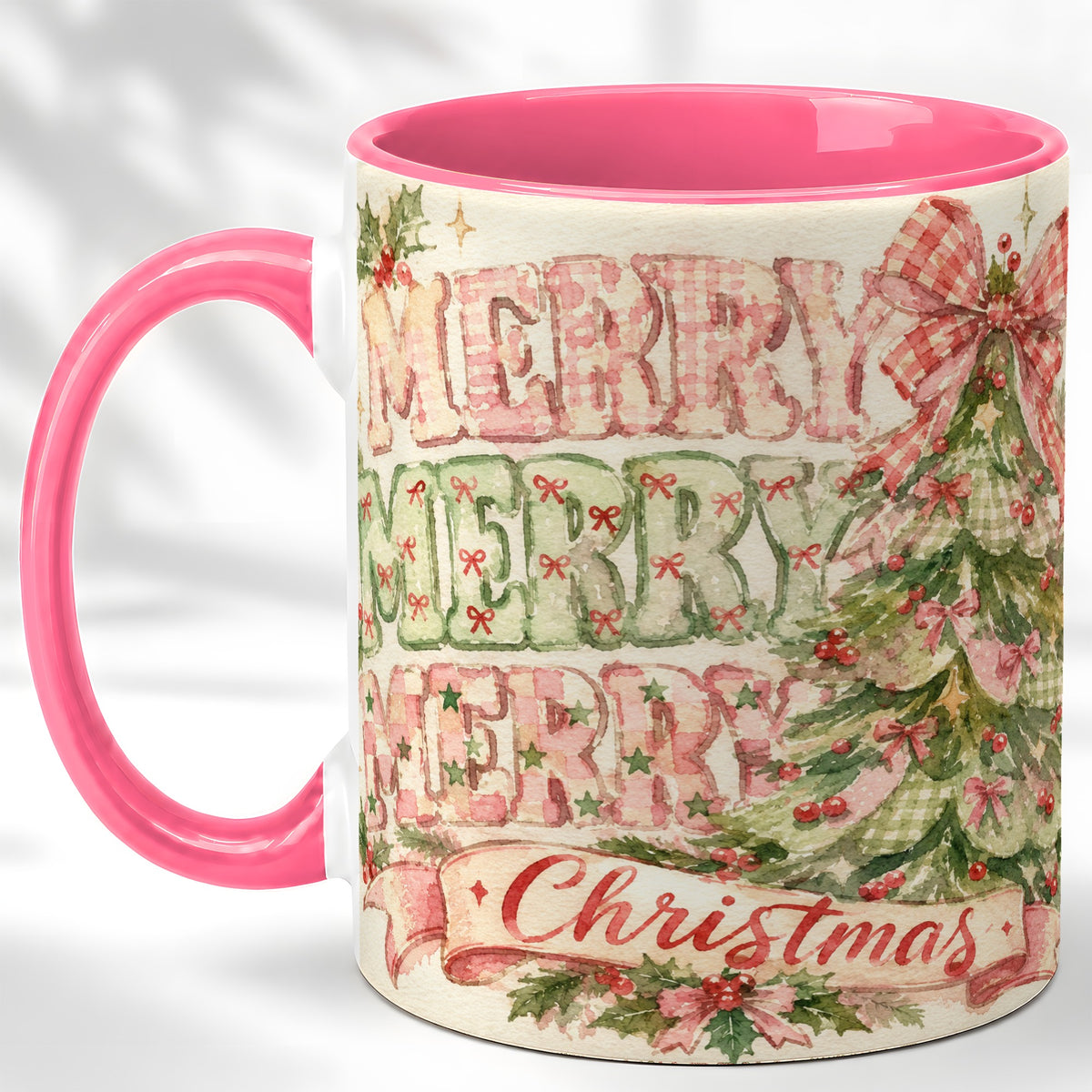 #pl[11oz|Pink] Pink Gingham Christmas Tree Coffee Mug, Holiday Mug, Ceramic Cup