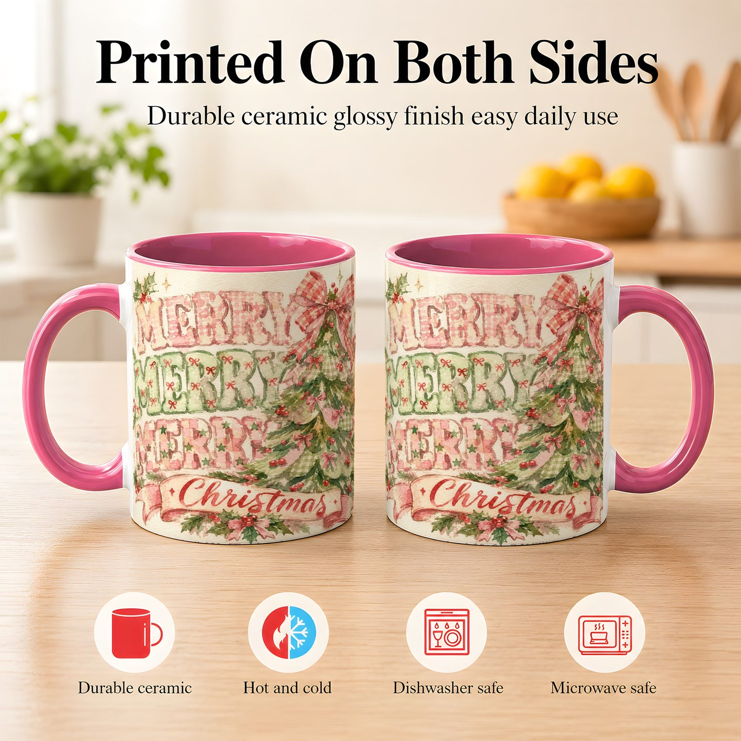 #pl[11oz|Pink] Pink Gingham Christmas Tree Coffee Mug, Holiday Mug, Ceramic Cup