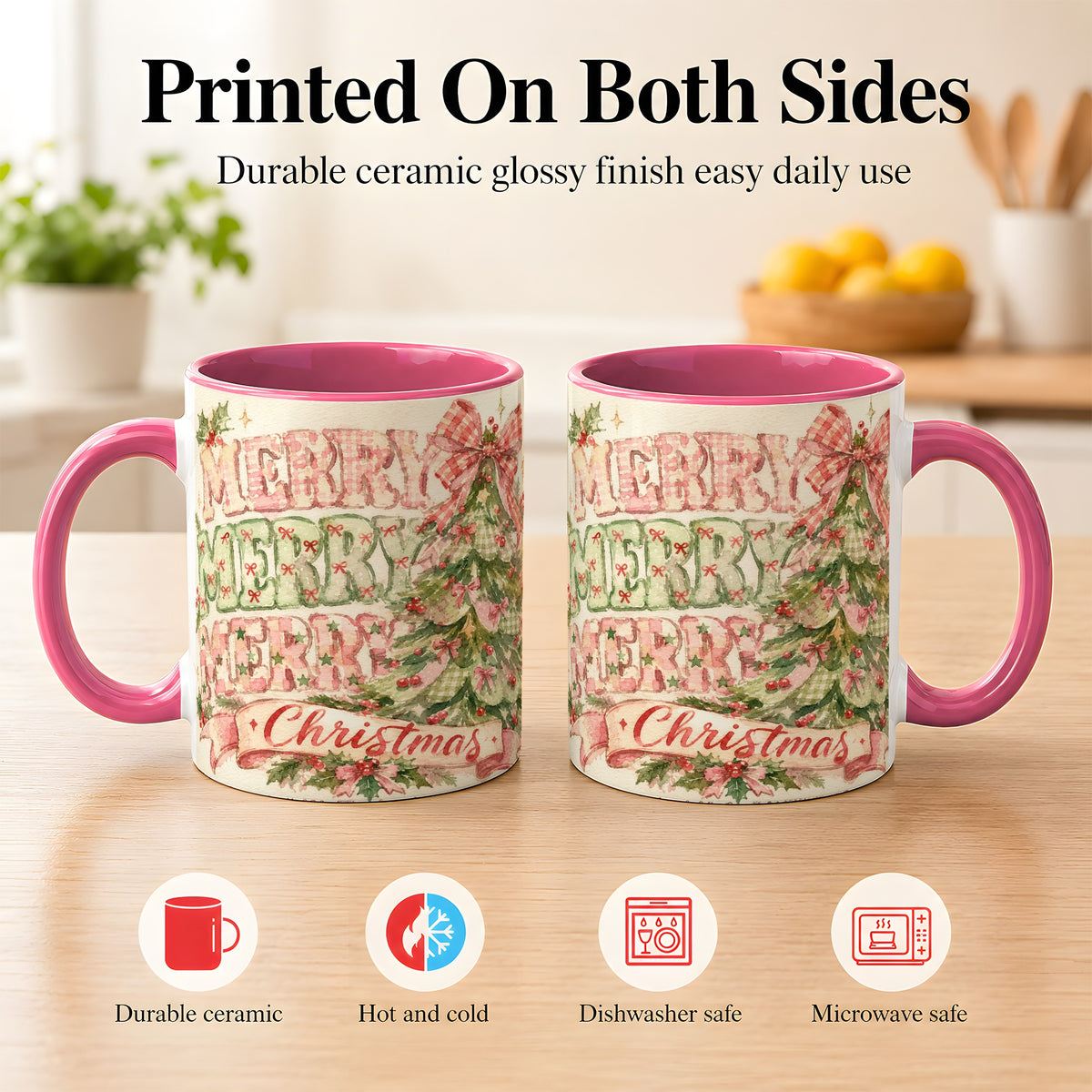 #pl[11oz|Pink] Pink Gingham Christmas Tree Coffee Mug, Holiday Mug, Ceramic Cup