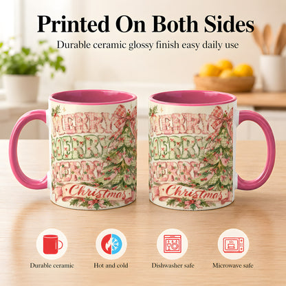 #pl[11oz|Pink] Pink Gingham Christmas Tree Coffee Mug, Holiday Mug, Ceramic Cup