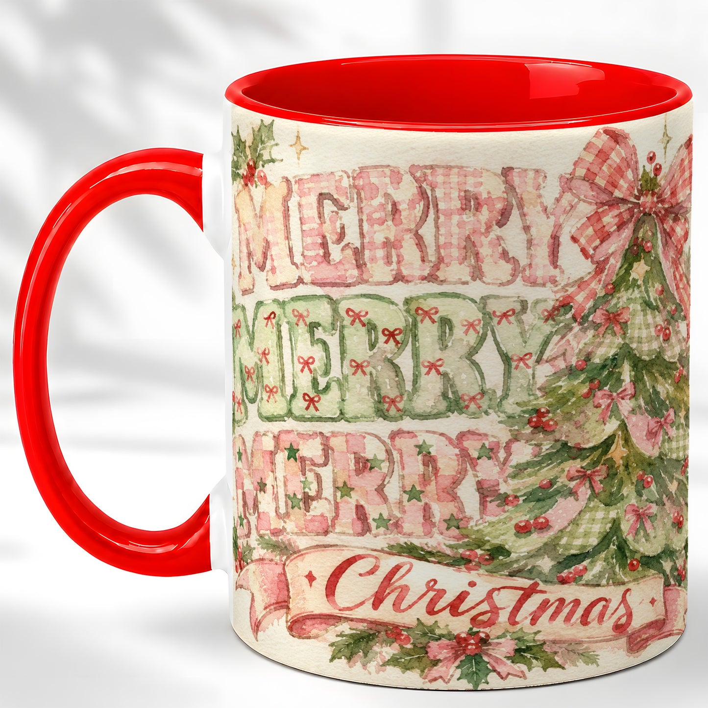 Pink Gingham Christmas Tree Coffee Mug, Holiday Mug, Ceramic Cup