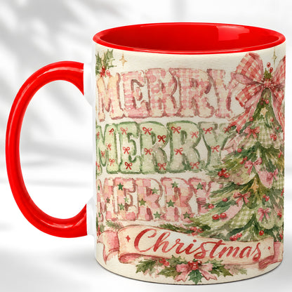 Pink Gingham Christmas Tree Coffee Mug, Holiday Mug, Ceramic Cup