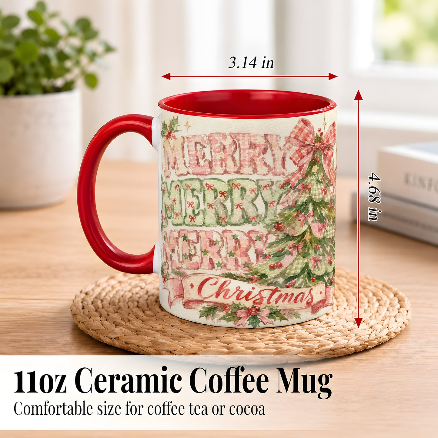 #pl[11oz|Red] Pink Gingham Christmas Tree Coffee Mug, Holiday Mug, Ceramic Cup