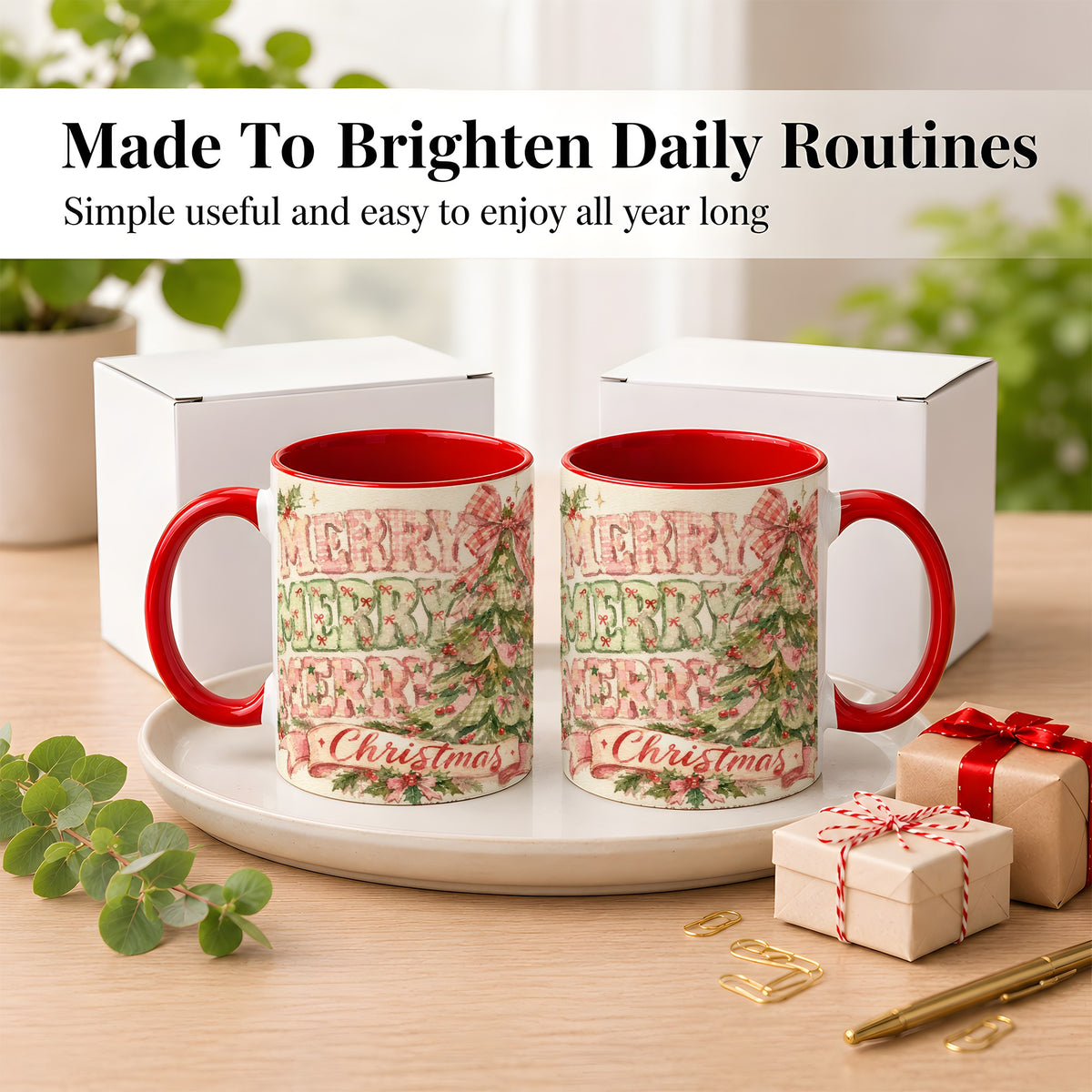 #pl[11oz|Red] Pink Gingham Christmas Tree Coffee Mug, Holiday Mug, Ceramic Cup