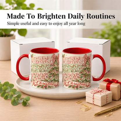 #pl[11oz|Red] Pink Gingham Christmas Tree Coffee Mug, Holiday Mug, Ceramic Cup