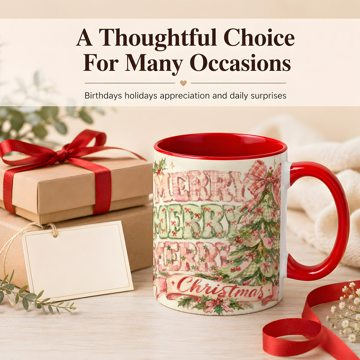 #pl[11oz|Red] Pink Gingham Christmas Tree Coffee Mug, Holiday Mug, Ceramic Cup
