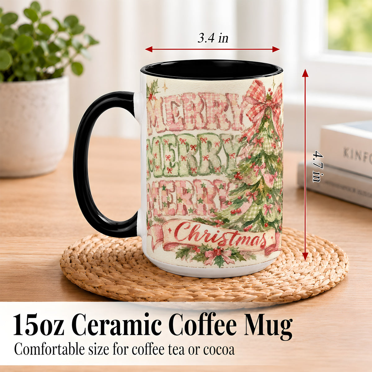 #pl[15oz|Black] Pink Gingham Christmas Tree Coffee Mug, Holiday Mug, Ceramic Cup