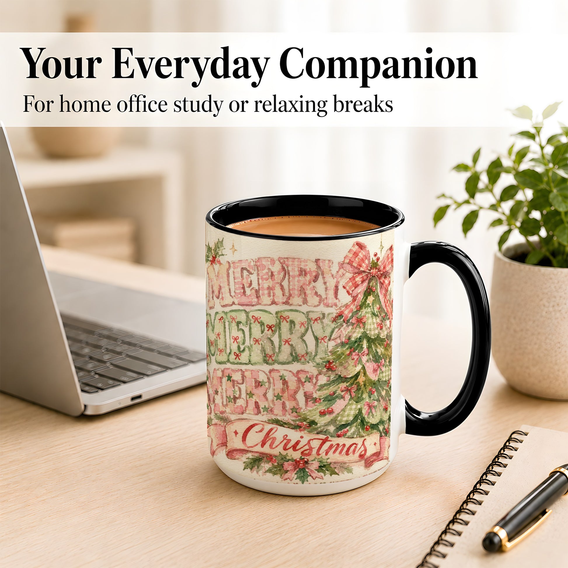 #pl[15oz|Black] Pink Gingham Christmas Tree Coffee Mug, Holiday Mug, Ceramic Cup