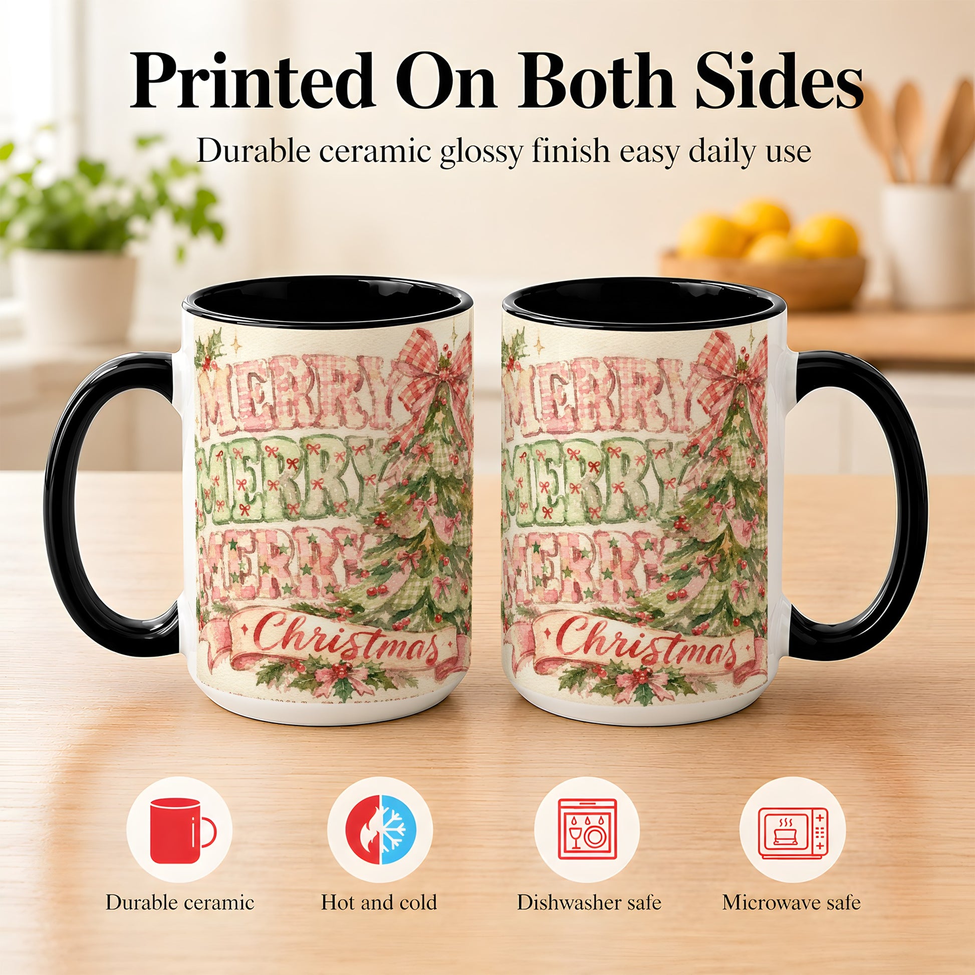 #pl[15oz|Black] Pink Gingham Christmas Tree Coffee Mug, Holiday Mug, Ceramic Cup