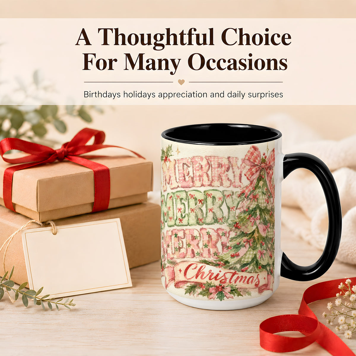 #pl[15oz|Black] Pink Gingham Christmas Tree Coffee Mug, Holiday Mug, Ceramic Cup