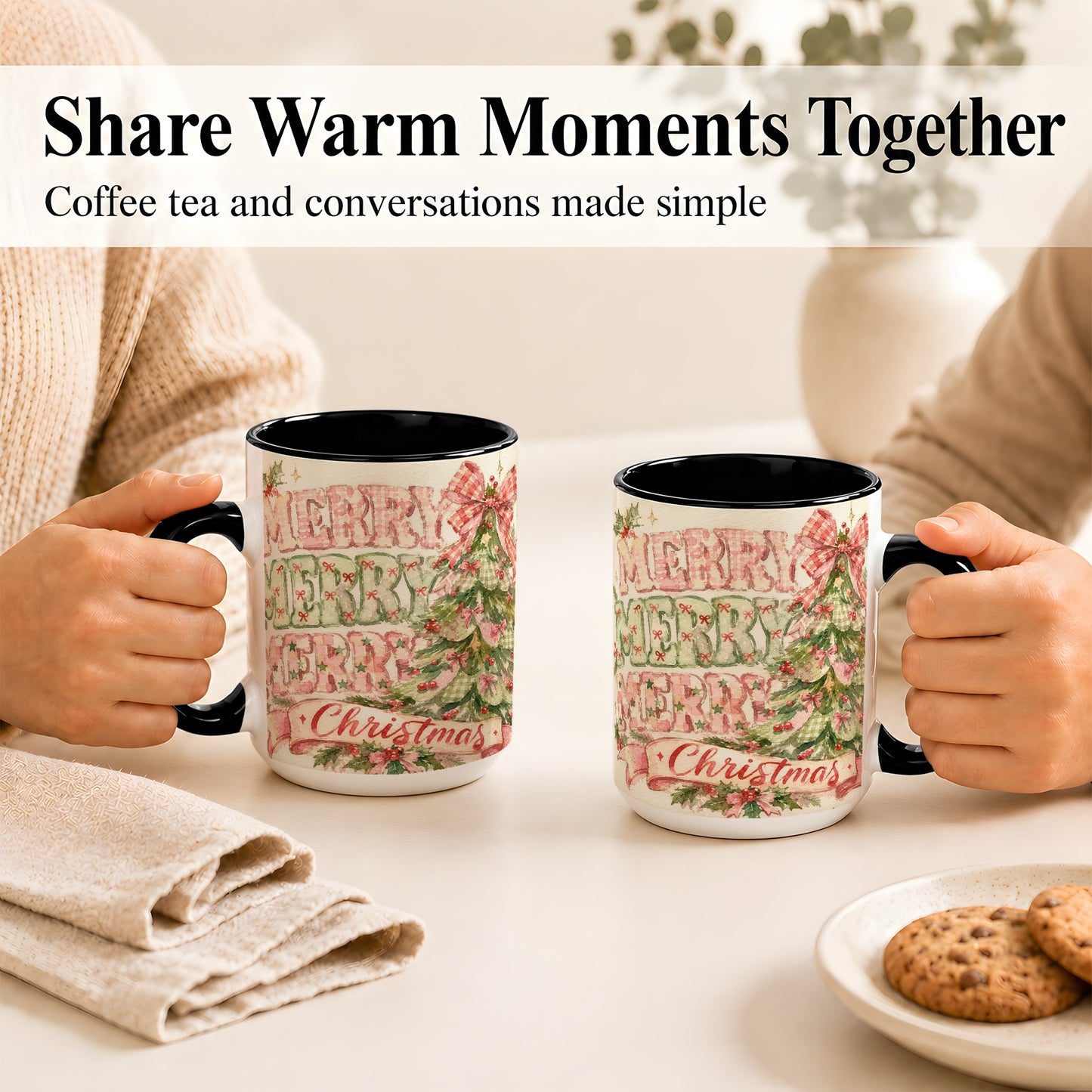 #pl[15oz|Black] Pink Gingham Christmas Tree Coffee Mug, Holiday Mug, Ceramic Cup