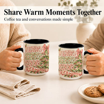 #pl[15oz|Black] Pink Gingham Christmas Tree Coffee Mug, Holiday Mug, Ceramic Cup