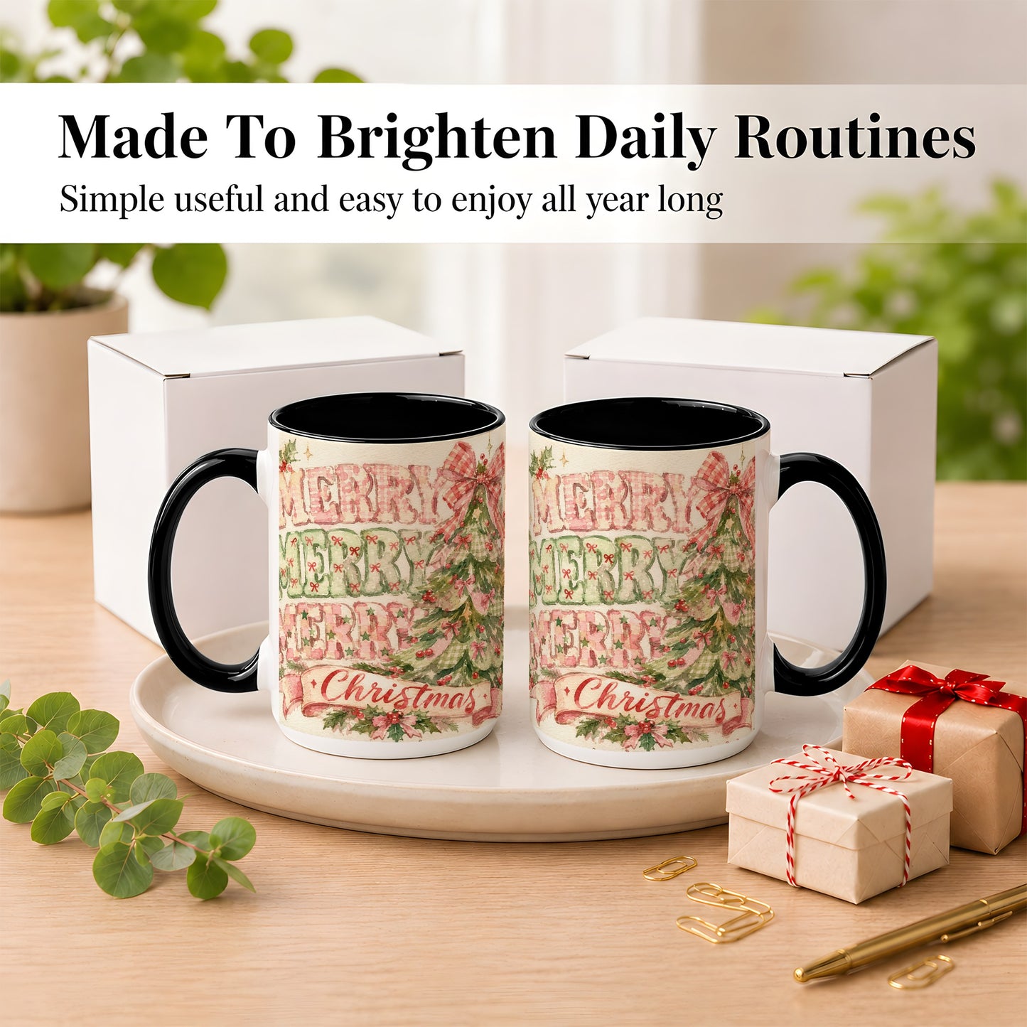 #pl[15oz|Black] Pink Gingham Christmas Tree Coffee Mug, Holiday Mug, Ceramic Cup