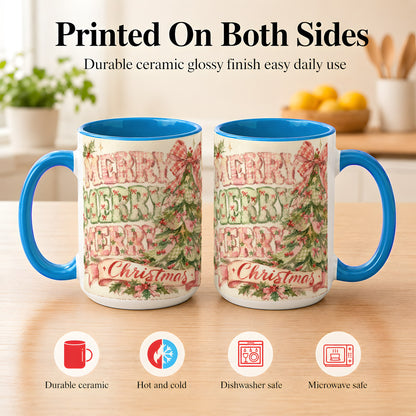 #pl[15oz|Blue] Pink Gingham Christmas Tree Coffee Mug, Holiday Mug, Ceramic Cup