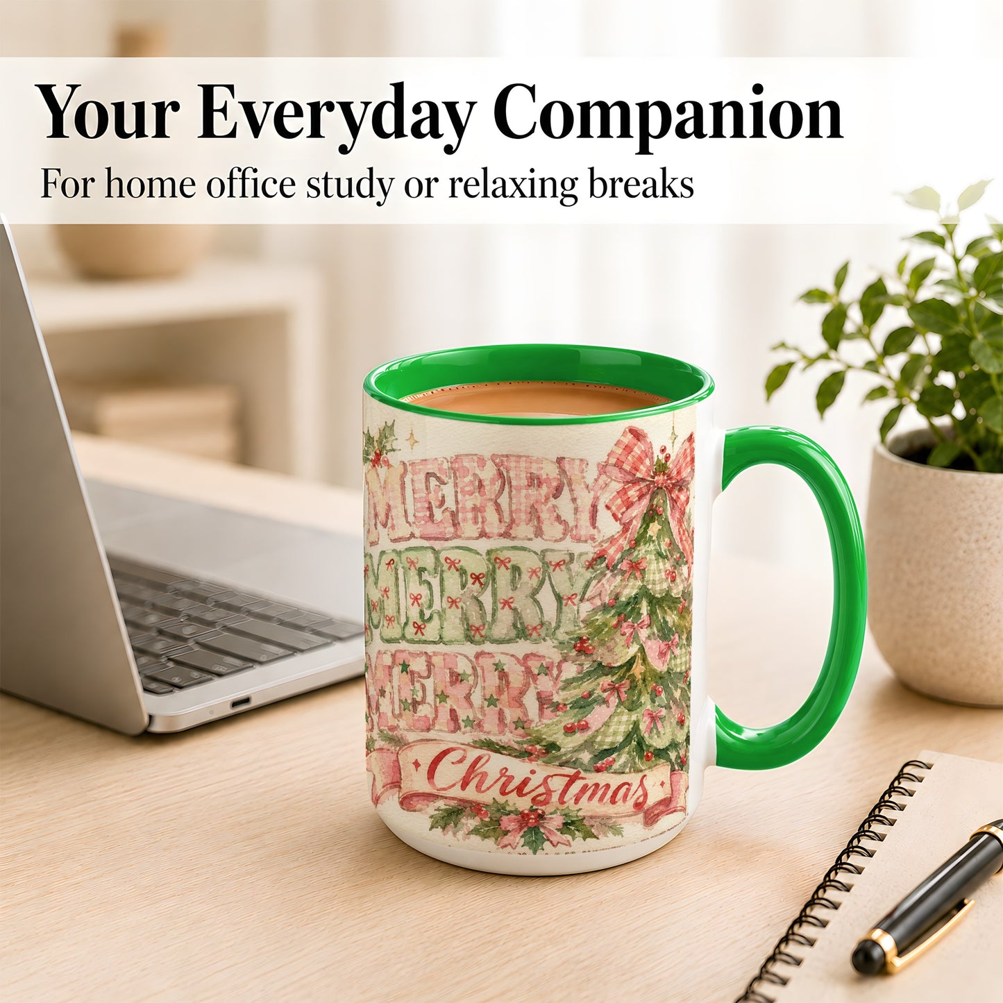 #pl[15oz|Green] Pink Gingham Christmas Tree Coffee Mug, Holiday Mug, Ceramic Cup