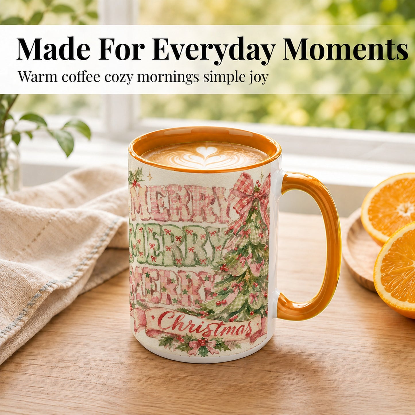 #pl[15oz|Orange] Pink Gingham Christmas Tree Coffee Mug, Holiday Mug, Ceramic Cup