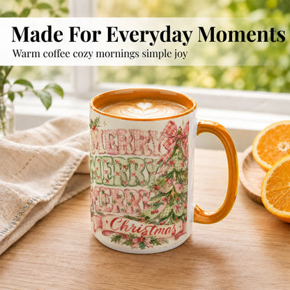#pl[15oz|Orange] Pink Gingham Christmas Tree Coffee Mug, Holiday Mug, Ceramic Cup